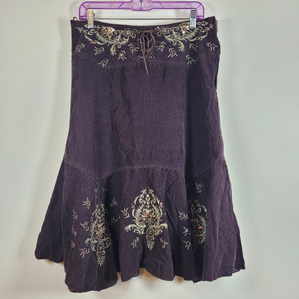 Misha Boho 90s Y2K Cowgirl A Line Skirt L Brown Floral Embroidered